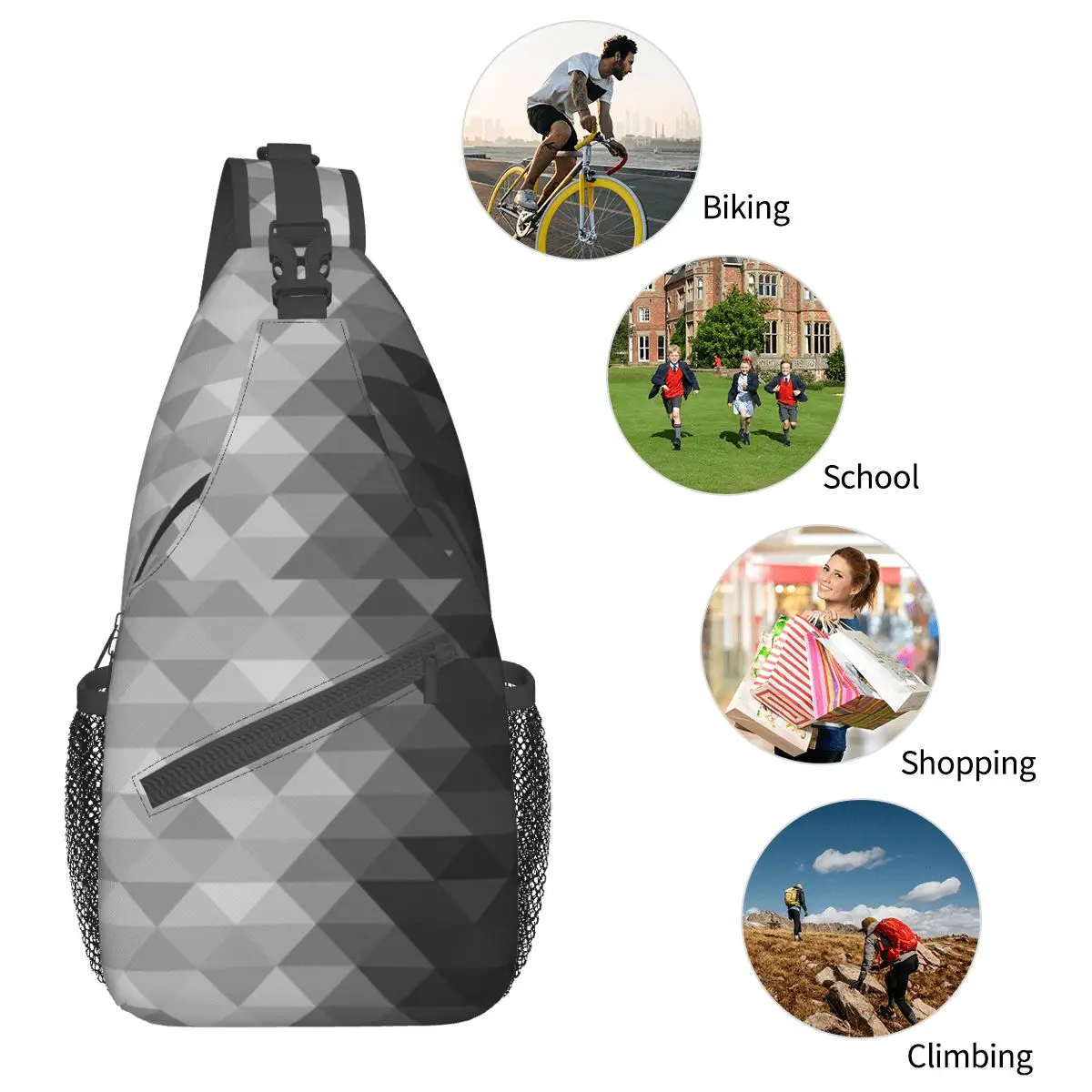 Mochila cruzada triangular de escala de grises, bolso de pecho, Cuadrado geométrico, mochila de hombro, paquete de día para viajes, senderismo y ciclismo