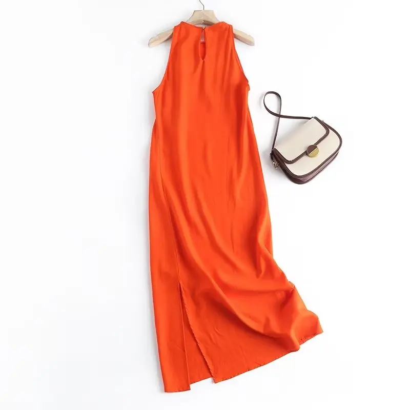 Withered New Women's Loose Cotton Linen Solid Beach Maxi Dress Sexy Halter 2024 Spring/Summer Dress