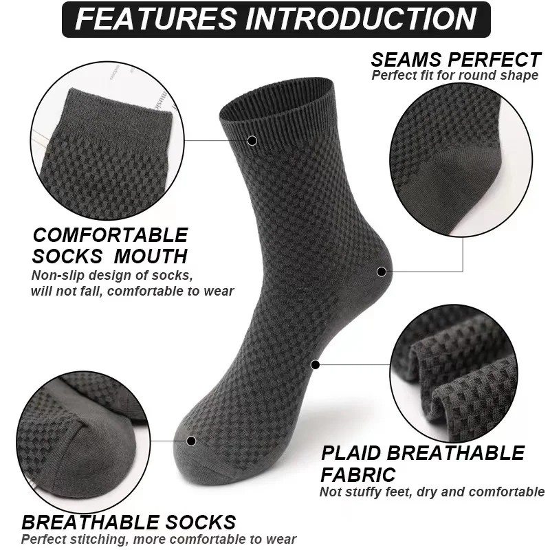 10pairs/Men\'s Bamboo Fiber Men\'s Socks Solid Color Classic Business Black Stockings Casual Breathable Formal Socks Large EU38-45