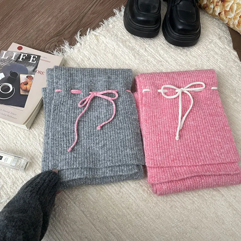 Sweet Cute Bow Lace-up Knitted Scarf Female Korean Style Fashion Simple Kawaii Autumn Winter Warm Scarf Shawl for Women Шарф