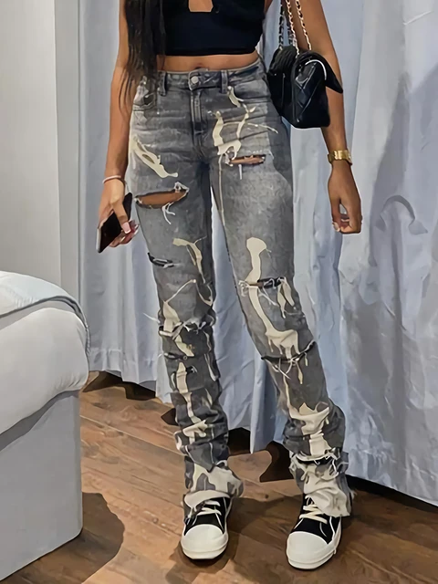 Sifreyr Jean Dechire a Trous pour Femme Pantalon en Denim Decontracte Imprime Gris Taille Haute Slim FjStreetwear Bas Empiles Y2K AliExpress