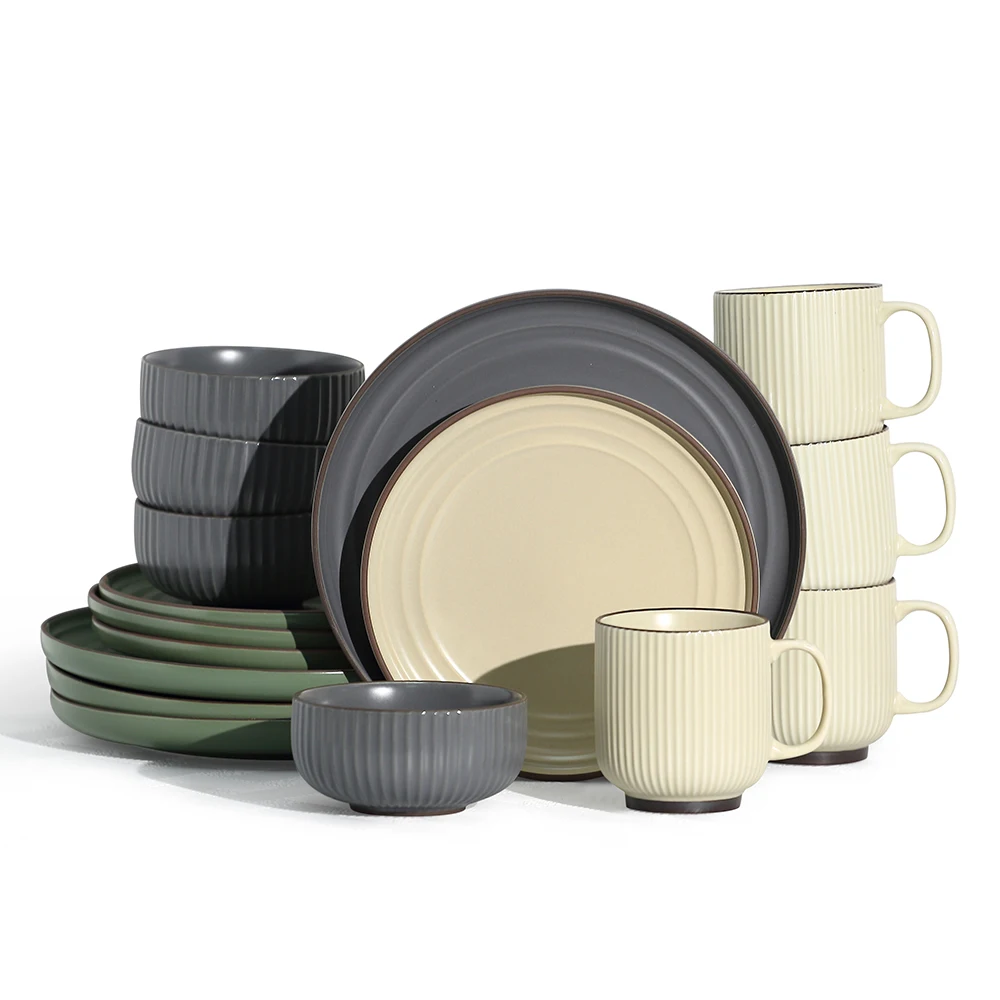 Europe 16pcs Cafe Vertical Stripe Kitchen Dinnerware Set ,Plates,Bowls,Mugs Combination Tableware Service For 4 Person (3colors)