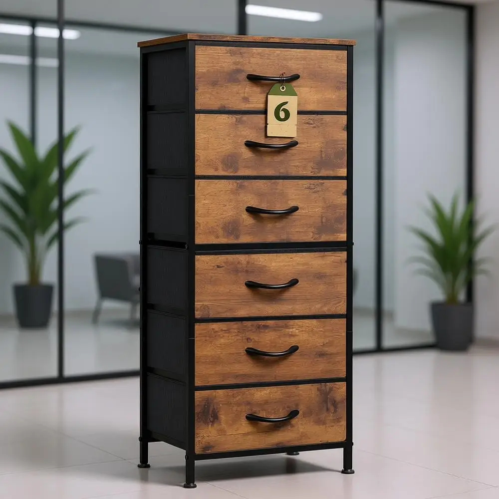 

Элегантный высокий комод с 6 ящиками, тумба, тканевый комод, металлическая прикроватная тумбочка, тканевый органайзер-стеллаж, деревянная столешница, цвет рустик-бежевый