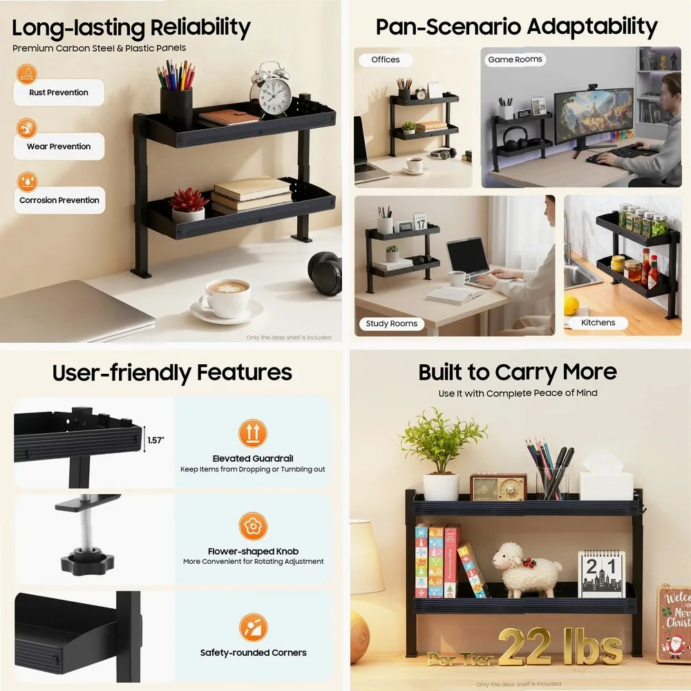 

2-Tier Desk Shelf, Expandable Under Desk Storage, Clamp on Desk Shelf, Adjustable Table Corner Storage Basket for Offices
