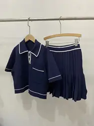 Conjunto de dos piezas de punto para mujer, Top de manga corta con pliegues de cintura alta, minifalda informal, ropa de moda femenina, Verano