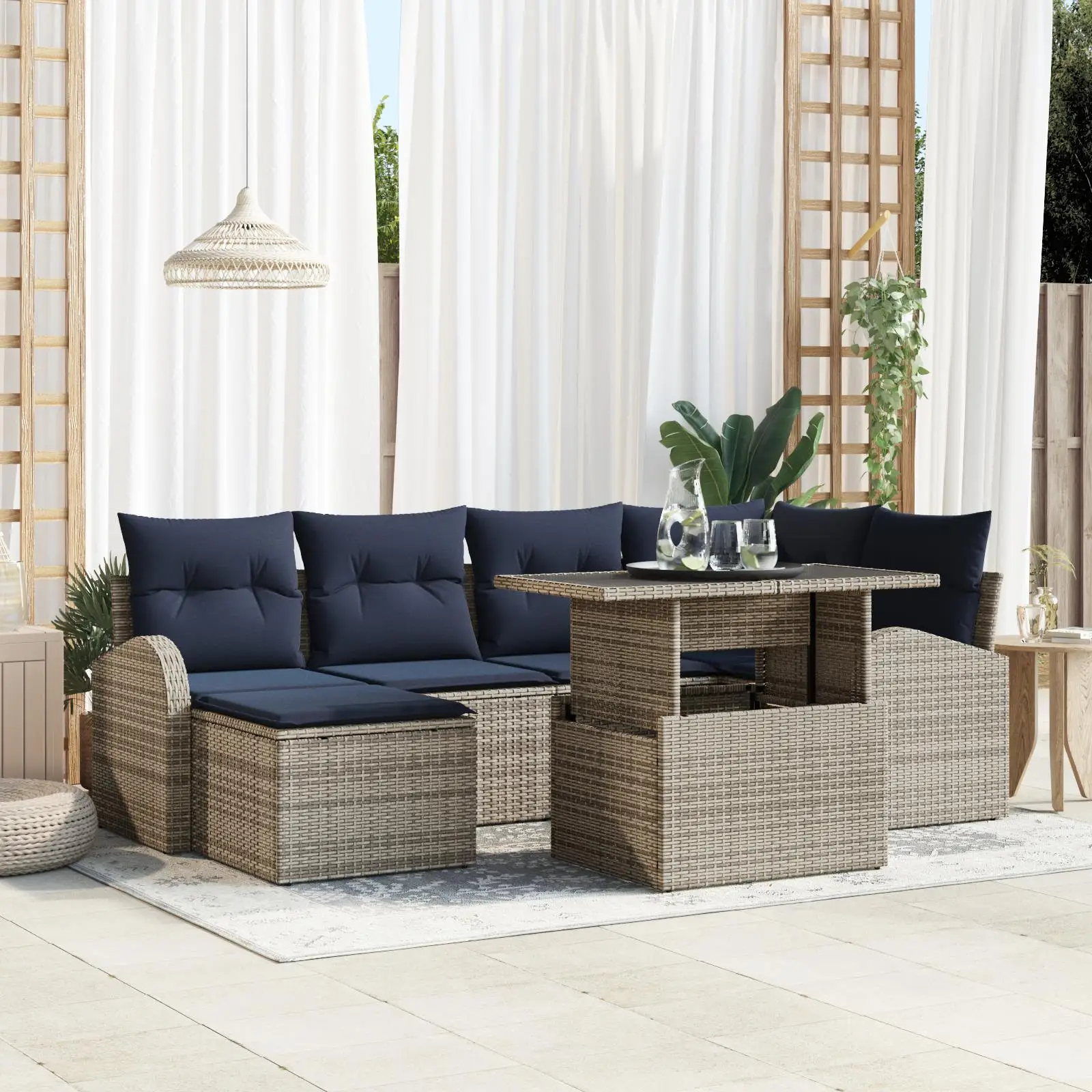 

7 Piece Outdoor Rattan Sofa Set with Cushions Grey Patio Furniture Garden Seating