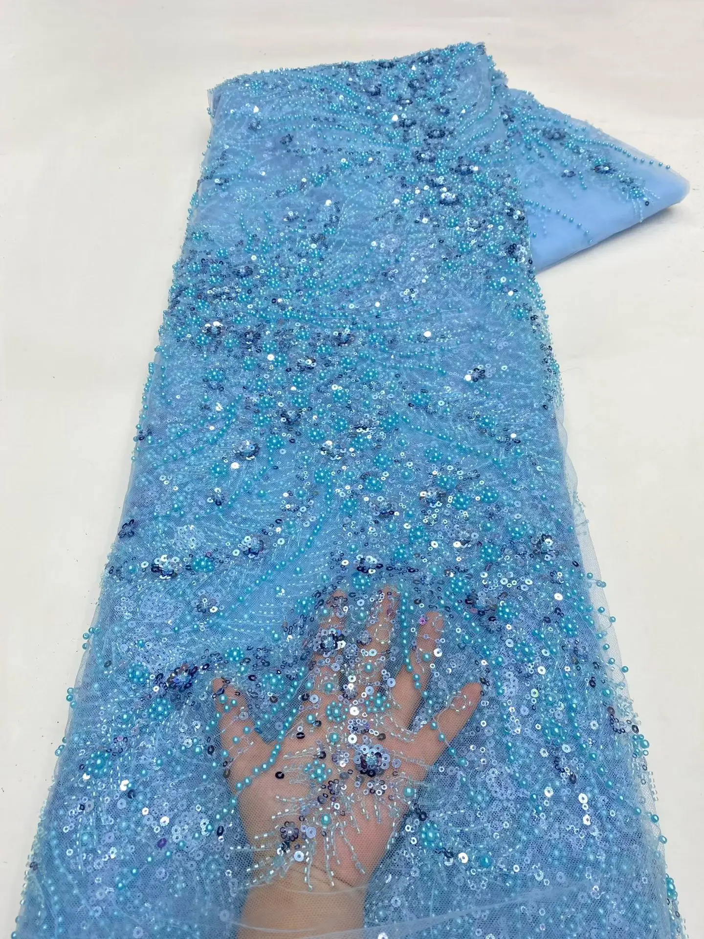 

Blue African Sequin Bead Lace Fabrics 2026 High Quality Sequence Embroidery French Nigerian Lace Fabric For Wedding Sewin G10-1
