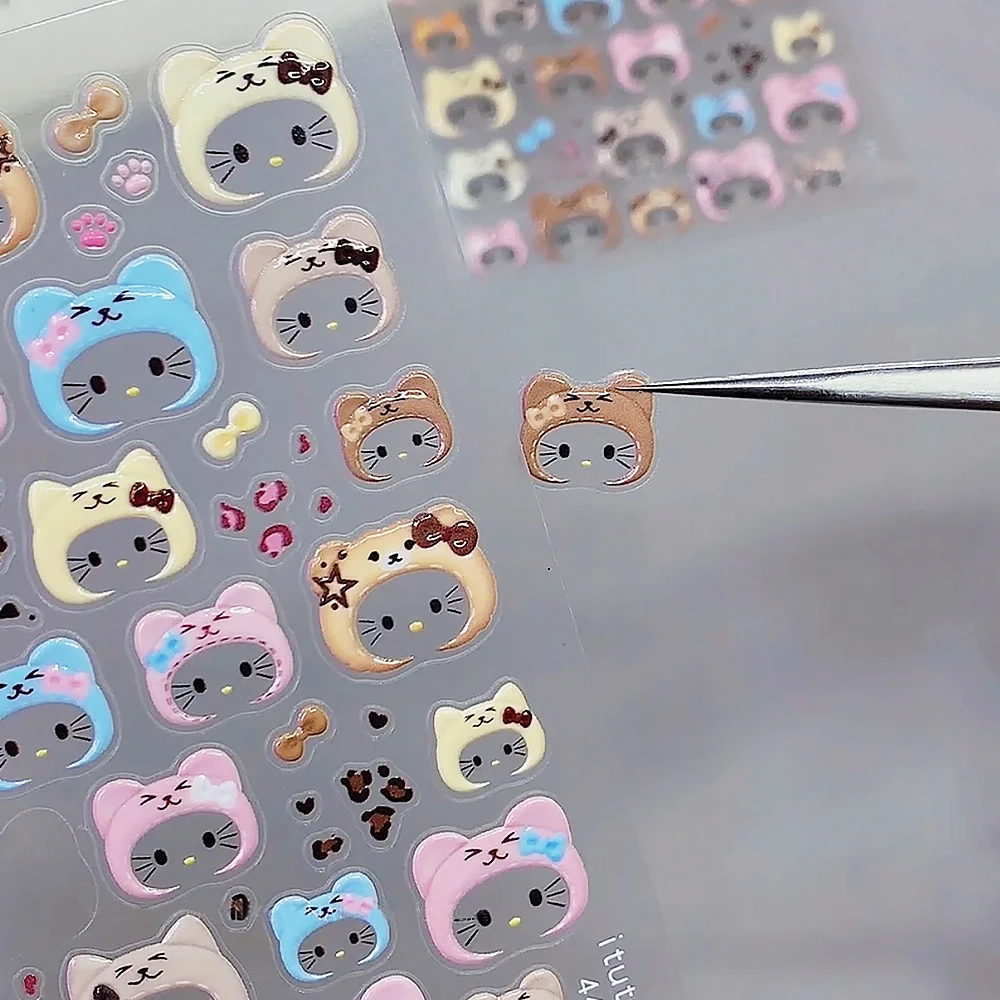 Neue 5D Hello Kitty Katze Ohr Design Hut Nagel Aufkleber Kawaii Grau Rosa Leopardenmuster Schleife Kapuzenhut Drücken Sie auf Nagelspitze Aufkleber ﻿ ﻿ ﻿ ﻿ ﻿ ﻿
