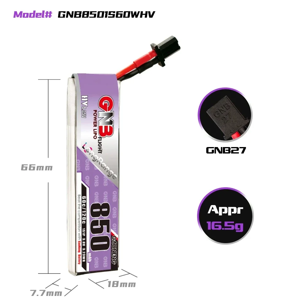 GAONENG GNB 1S 850mAh 3.8V 60C HV 4.35V Lekka, długa bateria Lipo z wtyczką PH2.0 Złącze GNB27 do drona FPV