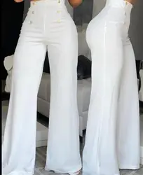 Calça casual de cintura alta feminina, calça larga larga larga larga larga lisa diária, design de botões, moda primavera, 2024