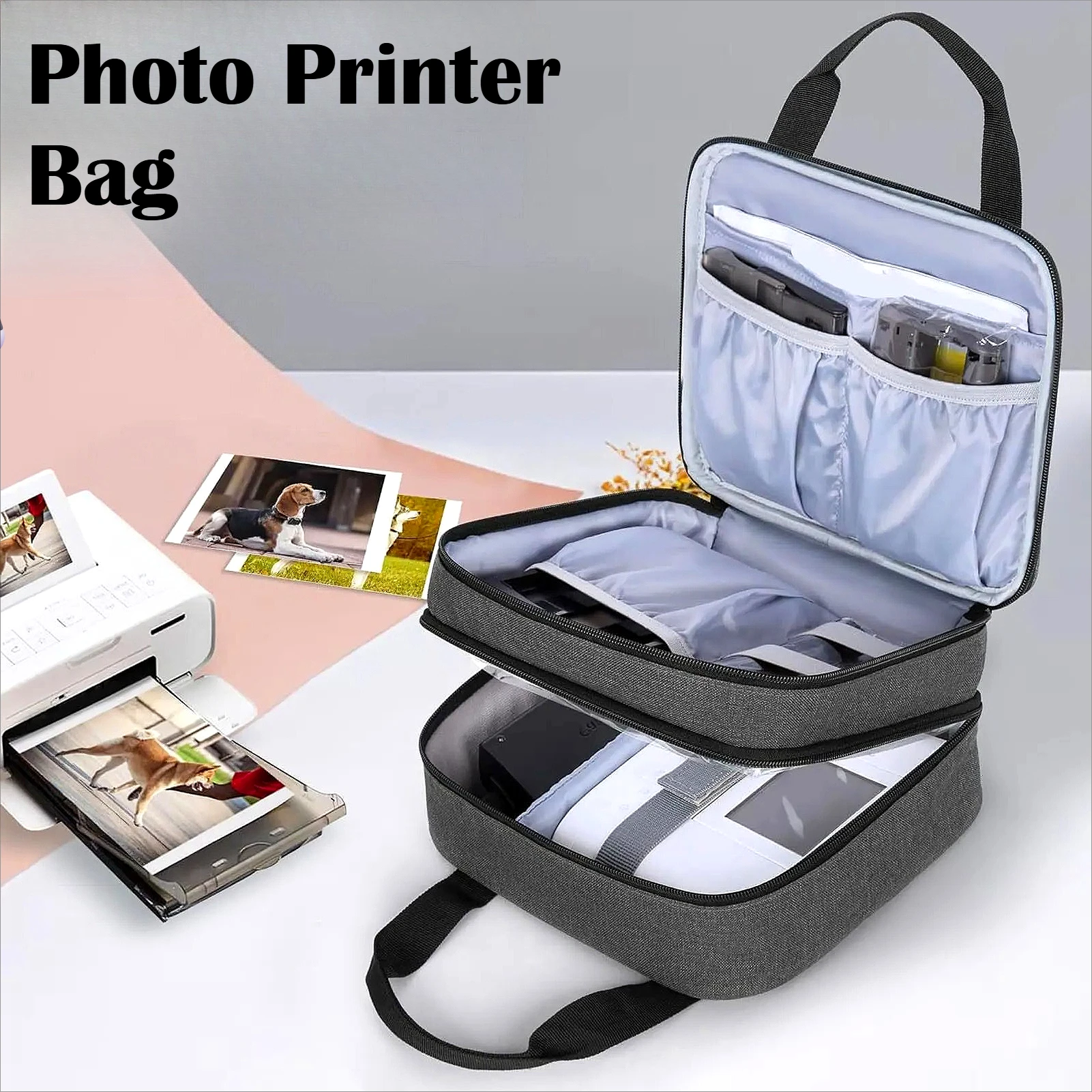Portable Photo Printer Carrying Bag Polyester Elastic Band Sturdy Handles Detachable Divider Travel Storage Bag