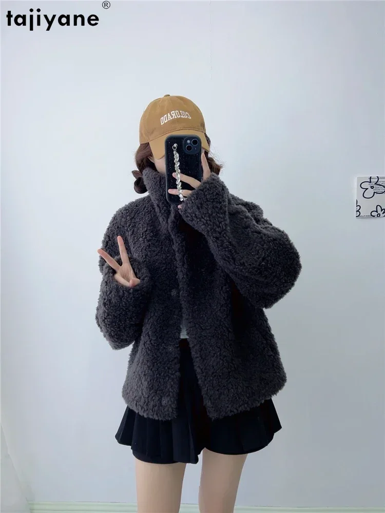 Tajiyane Sheep Shearing Jackets for Women 2023 Autumn Winter 100% Granular Wool Coat Short Fur Coat Stand Collar Abrigos Mujer