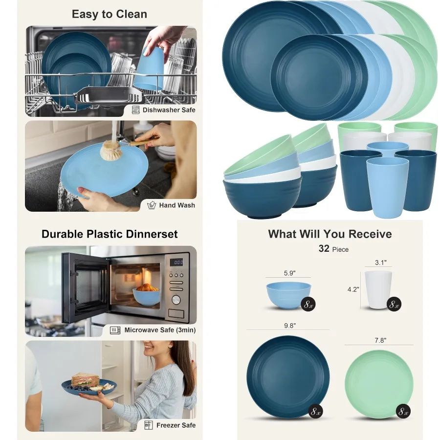 

32 Piece Unbreakable Dinnerware Set for 8 People with Plates and Bowls Durable Plastic Dish Set Ideal for Camping Outdoor Kitch