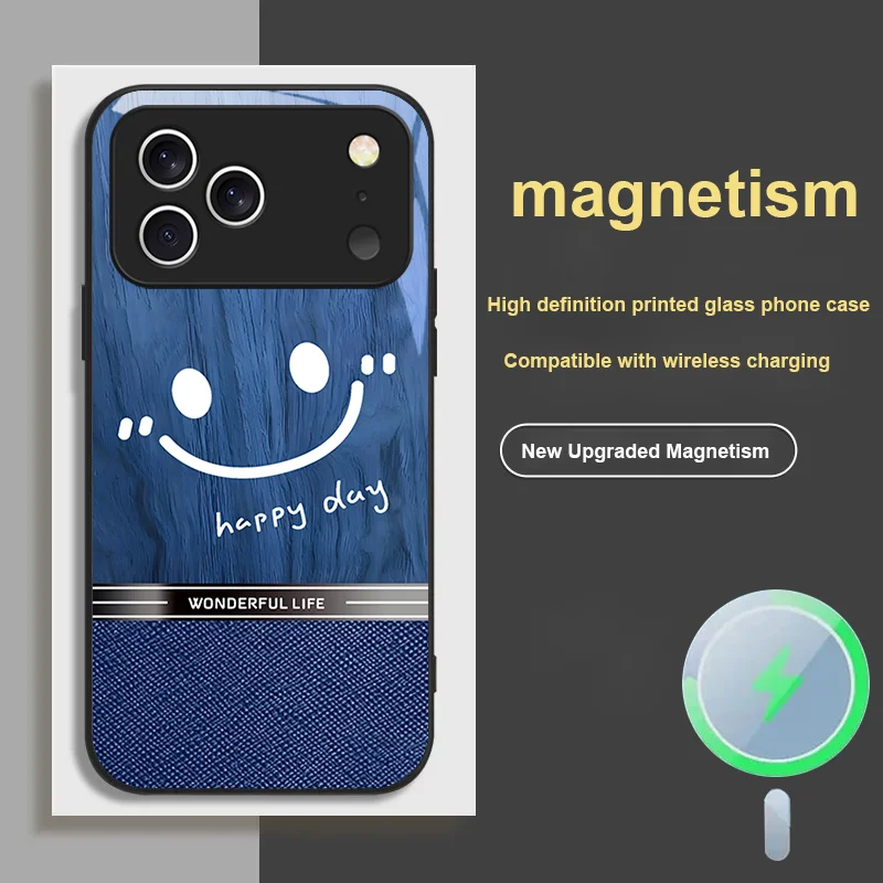 For iPhone 17 Pro MAX AIR Magnetic Glass Phone Case Anti Drop Happy Smile Texture Design Generous and Simple