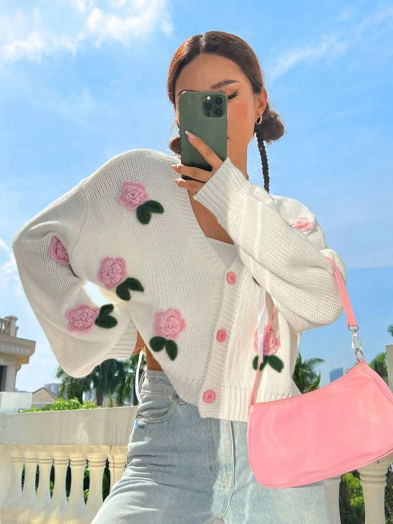 

Ladies Elegant Open Cardigan Sweater Autumn Winter Warm Knitted Pure Handmade Flower Design Cute Outerwear Long Sleeve Top