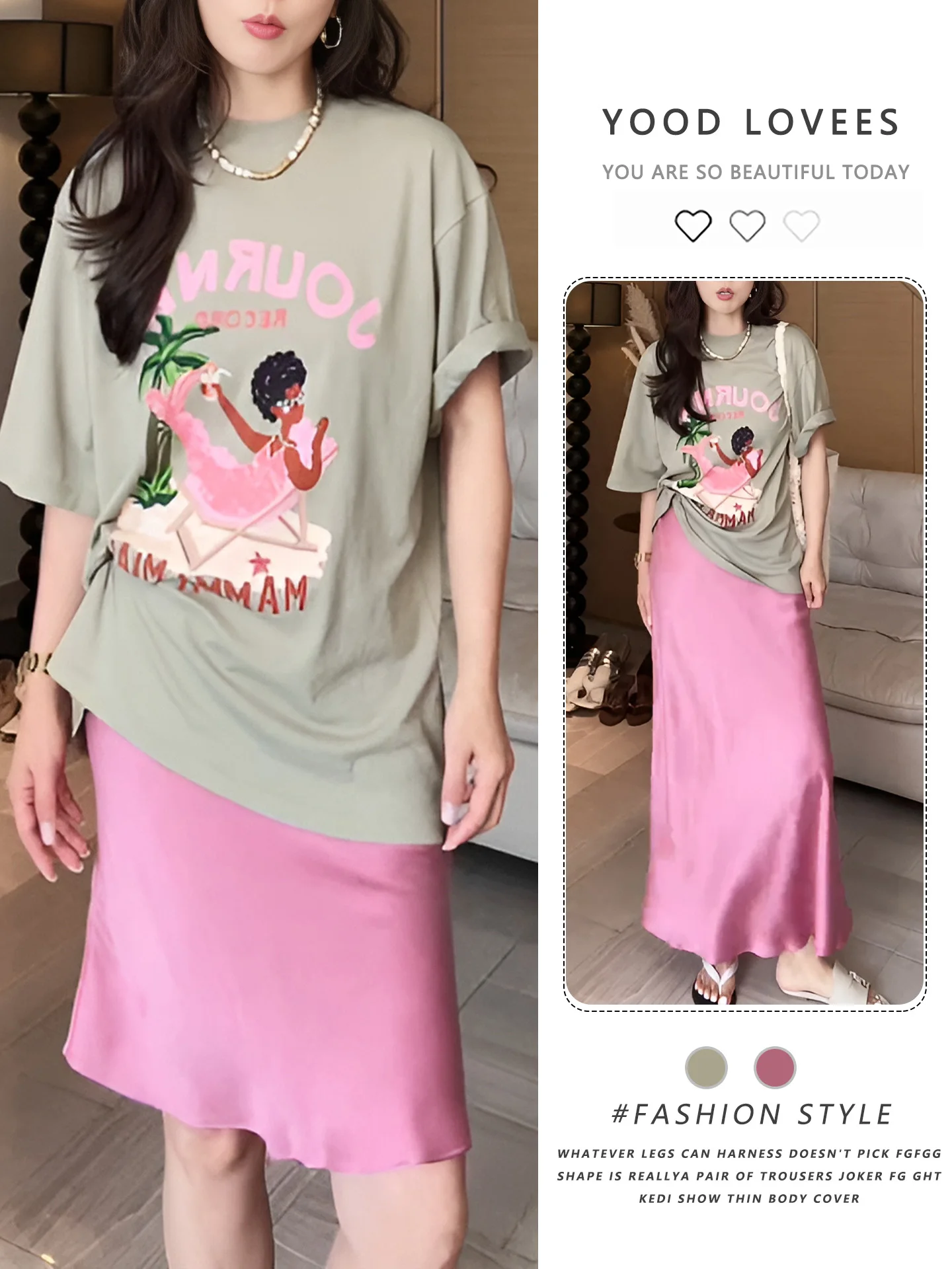 

Summer New Style Korean Lazy Beauty Fish Tail Print Short Sleeve T-Shirt Top Women's Fashion Set with High Waist Midi Skirt