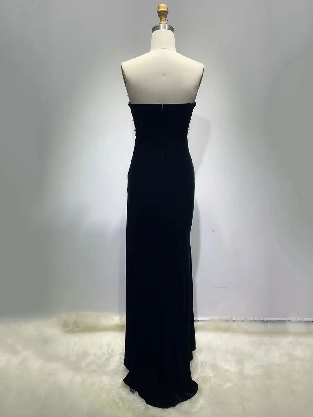 2024 Sexy Women Maxi Dress Strapless Sleeveless Bodycon Split Back Pearl Beaded Velvet Long Dress Cocktail Evening Party Vestido