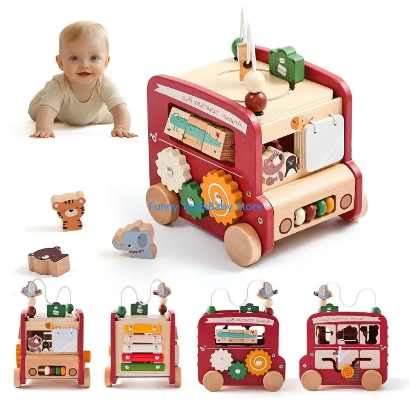 Brinquedo ônibus atividade educacional para crianças, classificação formato e função push pull, promovendo o