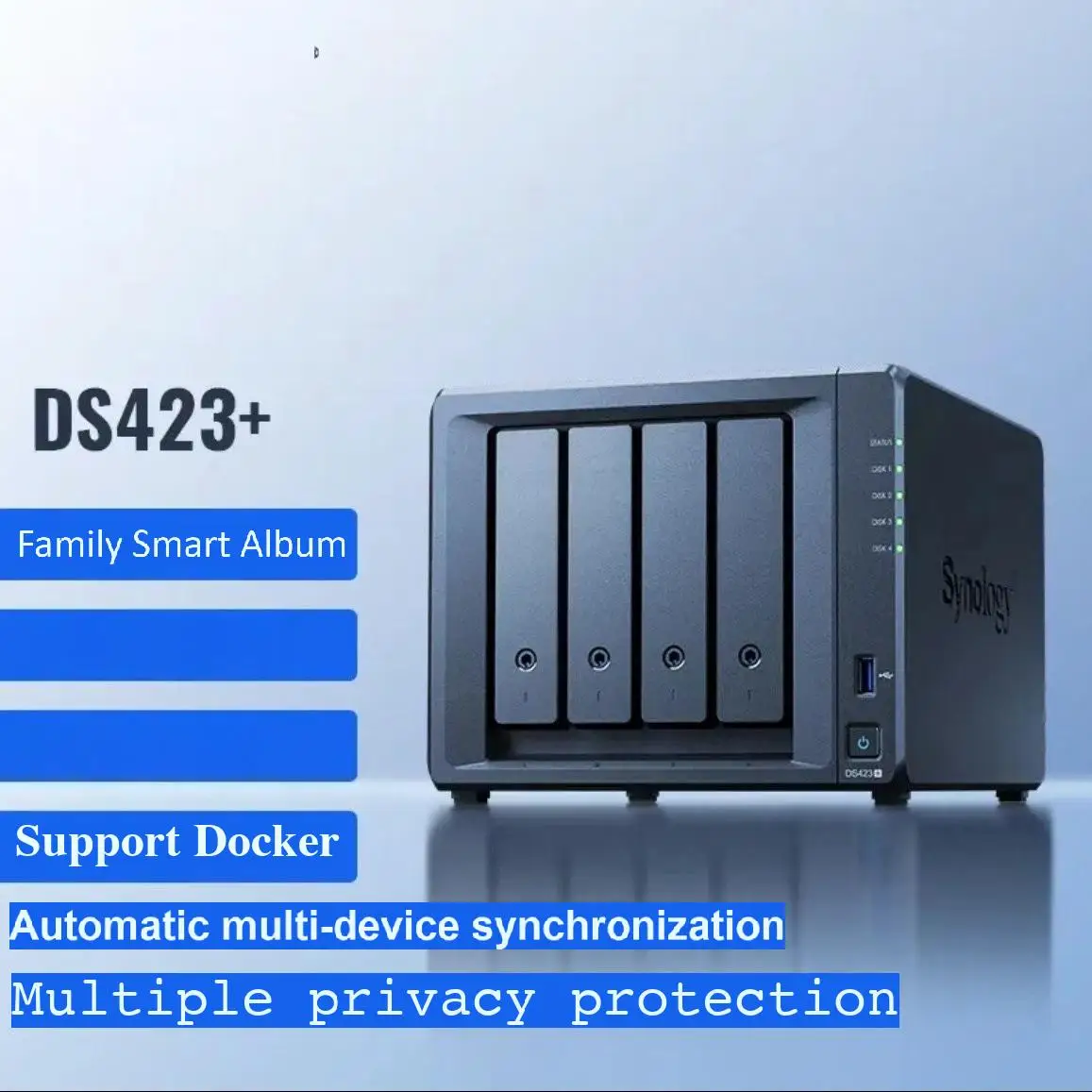 

QH DS423+ Корпус NAS с 4 отсеками, 2 ГБ, 4 отсека для 3,5/2,5 дюйма | 2 x M.2 2280 слотов, 2,0 ГГц, четырехъядерный процессор Intel Celeron J4125 (без дисплея)