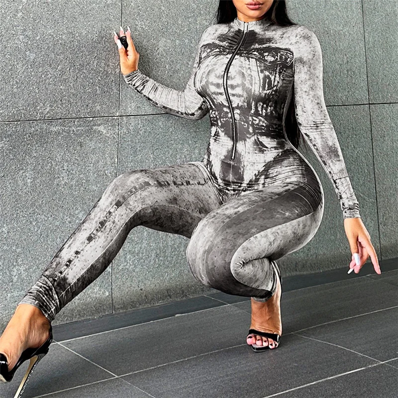 Women's Long Sleeve Digital Printing Skinny Bandage Jumpsuits Front Zipper Slim Fit High Waist Sports Jumpsuit For Women