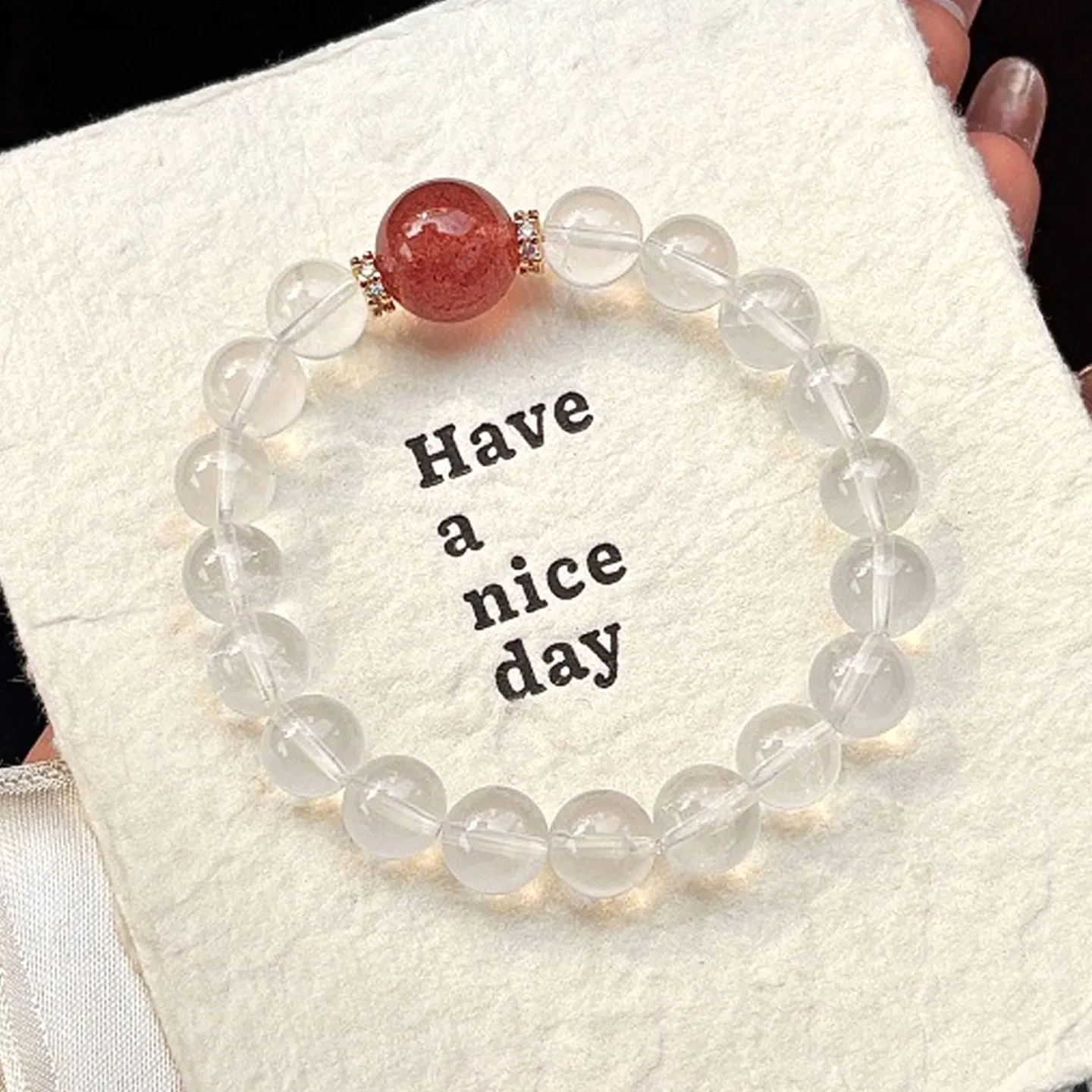 2026 New Natural White Phantom & Strawberry Crystal Bracelet: Women's Luck & Peach Blossom Gift
