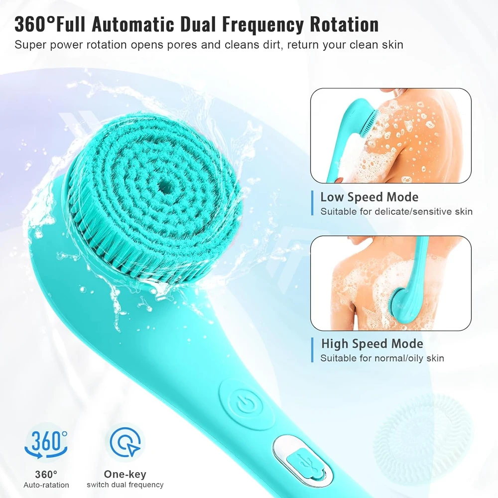 Electric Body Brush Rechargeable Scrubber Shower Brush with Handle Spin Skin Cleaning Brush for Men Women Massage Exfoliating