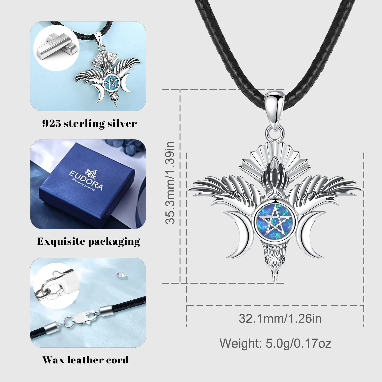 Eudora 925 Sterling Silver Triple Moon Goddess Necklace Opal Pentagram Vintage Raven Pendant Wicca Jewelry Personality Gift Man
