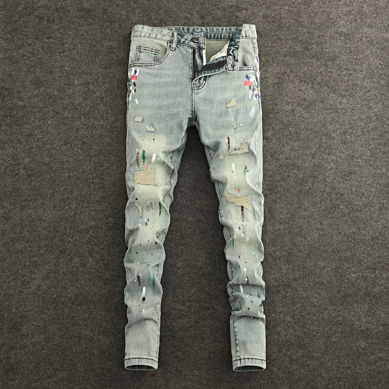 

Street Fashion Men Jeans Retro Washed Blue Stretch Slim Fit Ripped Jeans Men Painted Designer Vintage Denim Pencil Pants Hombre