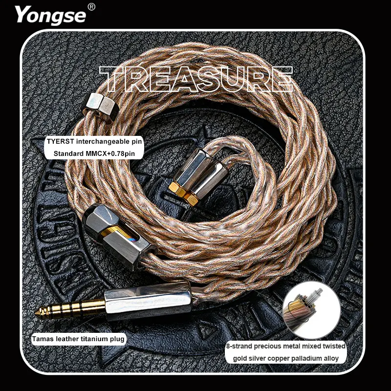 YONGSE-كابل سماعة نحاس ذهبي وفضي ، 8-حبلا ، 5-عنصر ، سبائك البلاديوم ، HiFi ، السمعية ، دبوس قابل للتبديل