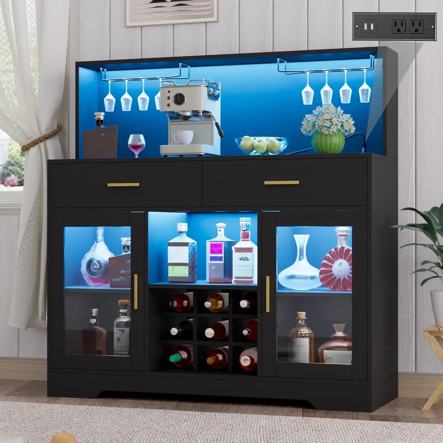 Bar Cabinet with Outlet & LED Lights, Wine Rack & Glass Holder, Buffet Sideboard for Living & Dining Room, Customized