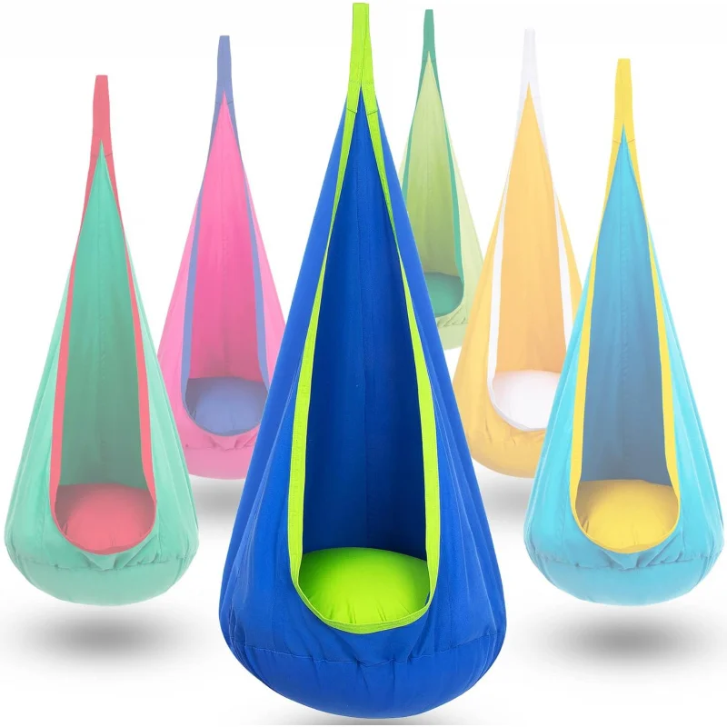 子供用ハンギングポッドスイングハンモックチェア、インフレータブルクッションとサイドポケット付き、持ち運び可能な感覚スイング、子供用屋内外兼用