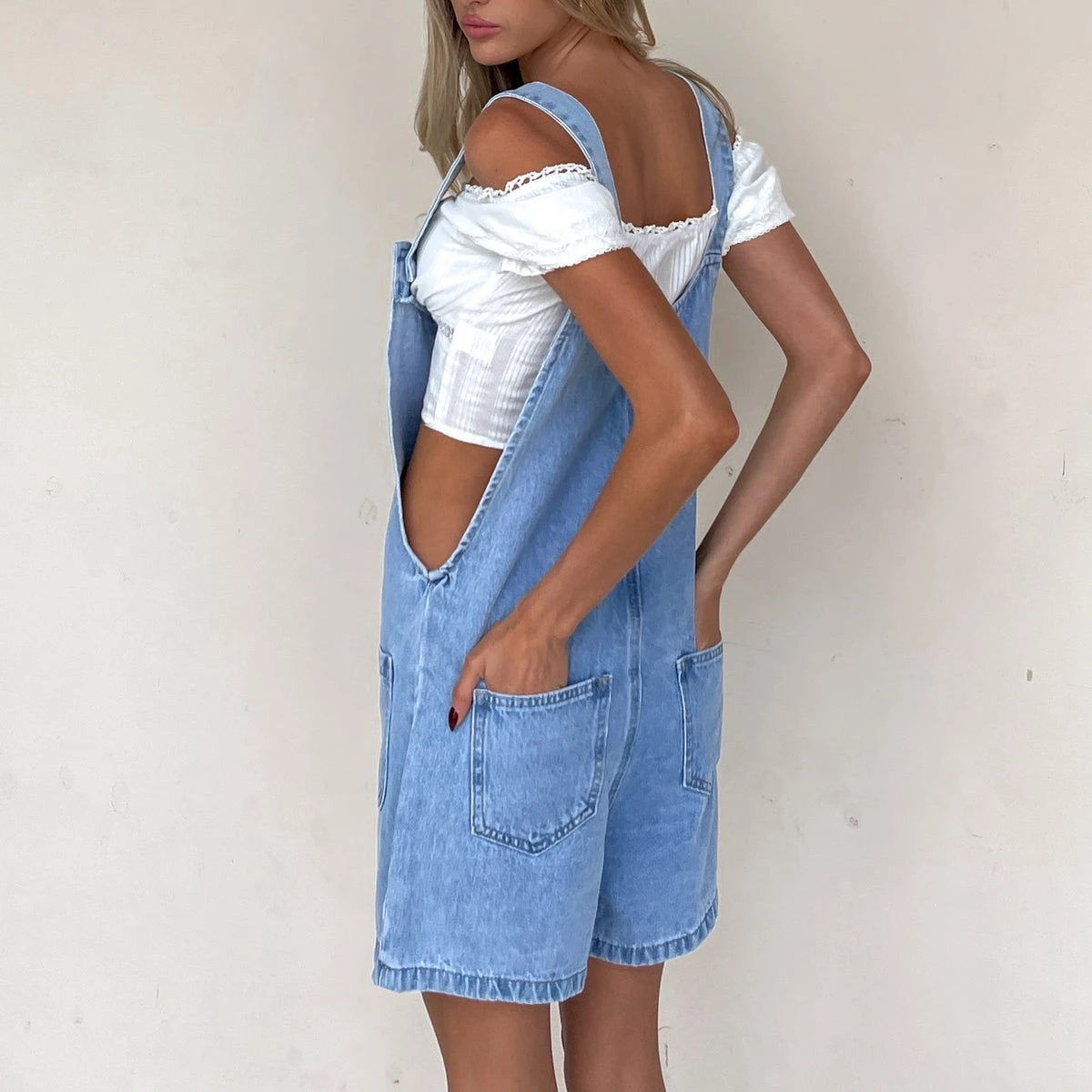

Combhasaki Women Button Denim Bib Overalls Shorts Solid Color Wide Leg Baggy Jean Jumpsuit Tank Playsuits with Pocket Streetwear