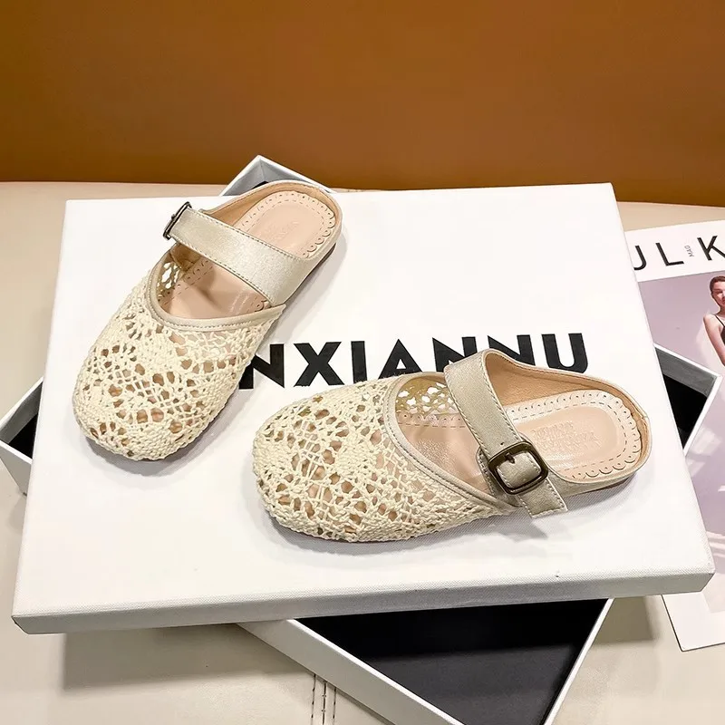 

Children Girl Child Woven Closed-toe Half Slippers Girls Summer Retro Fashion Simple Hollow-out Flat Sandals Outdoor Kinds Wear