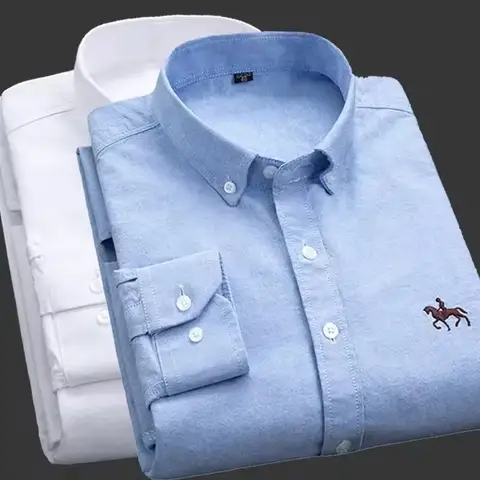Camisa oxford masculina 100% algodão, manga longa, bordado, logotipo de cavalo, casual, sólida, negócios, ajuste regular, blusa social formal plus 6xl