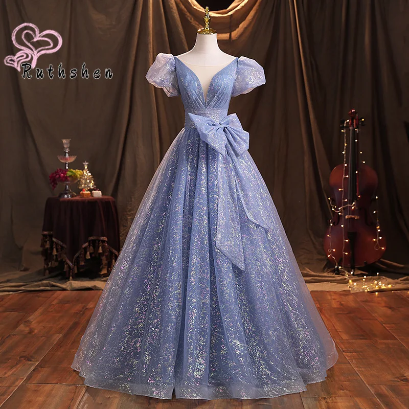 Vestido De 15 Anos Quinceanera 2023 New Bling Blue Ball Gown Sweet Sixteen Girls Short Sleeves Debutante Prom Dress with Bowknot