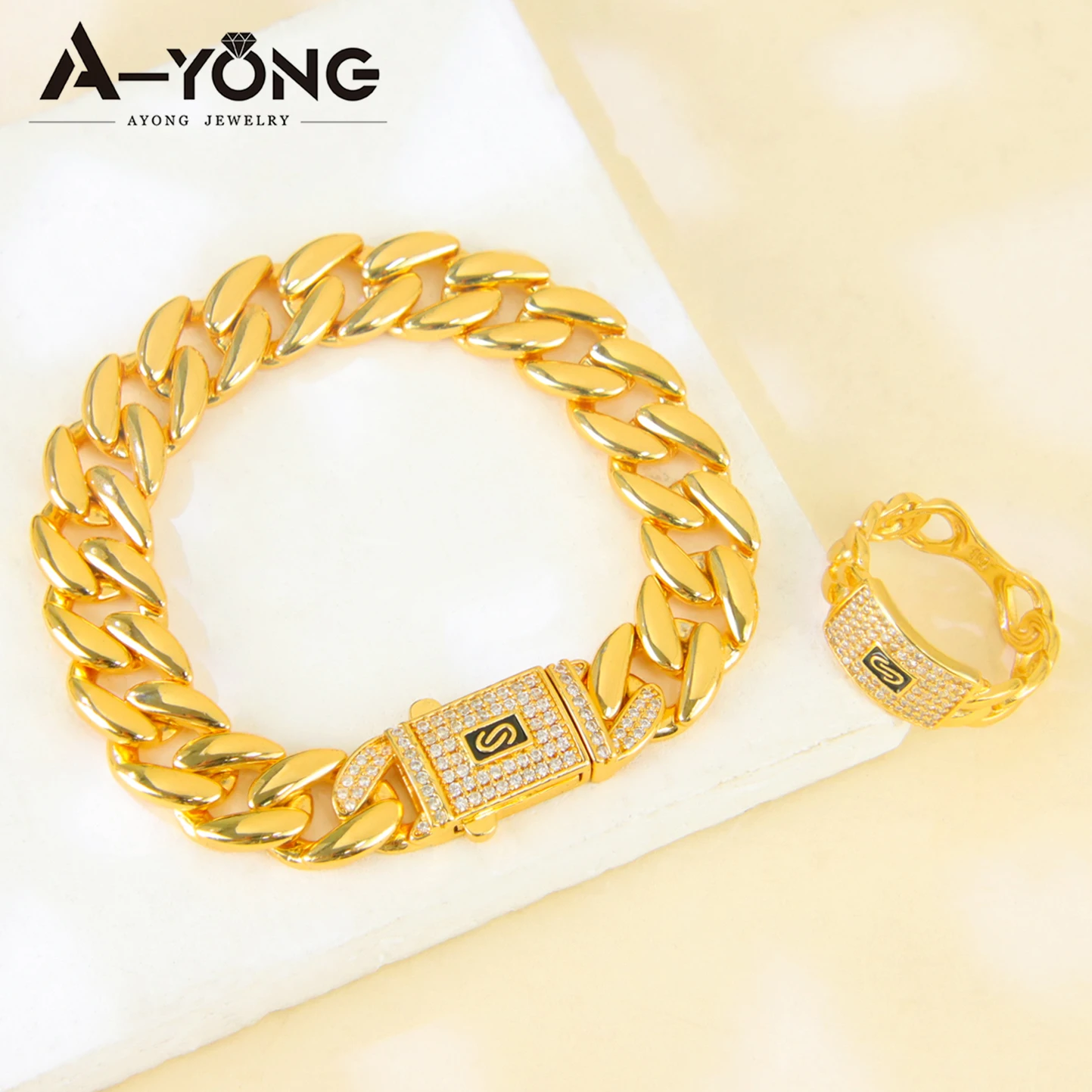 Luxuriöses Zirkonia Monaco Schmuckset 21k Vergoldet Italienischer Hip-Hop Kubanische Halskette Armband Ring Ohrringe Damen Punk Schmuck – Detail 6