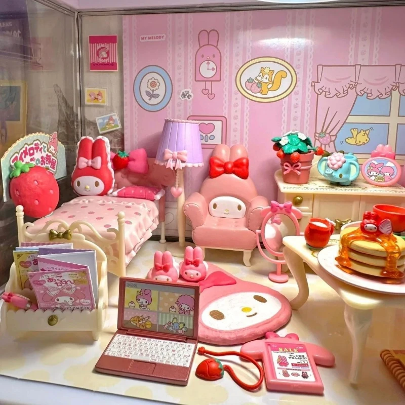 MINISO My Melody Sanrio Erdbeere Zimmer Cartoon Blind Box Mini Ornament Kreative Desktop DIY Möbel Szene Dekoration Kinder Spielzeug