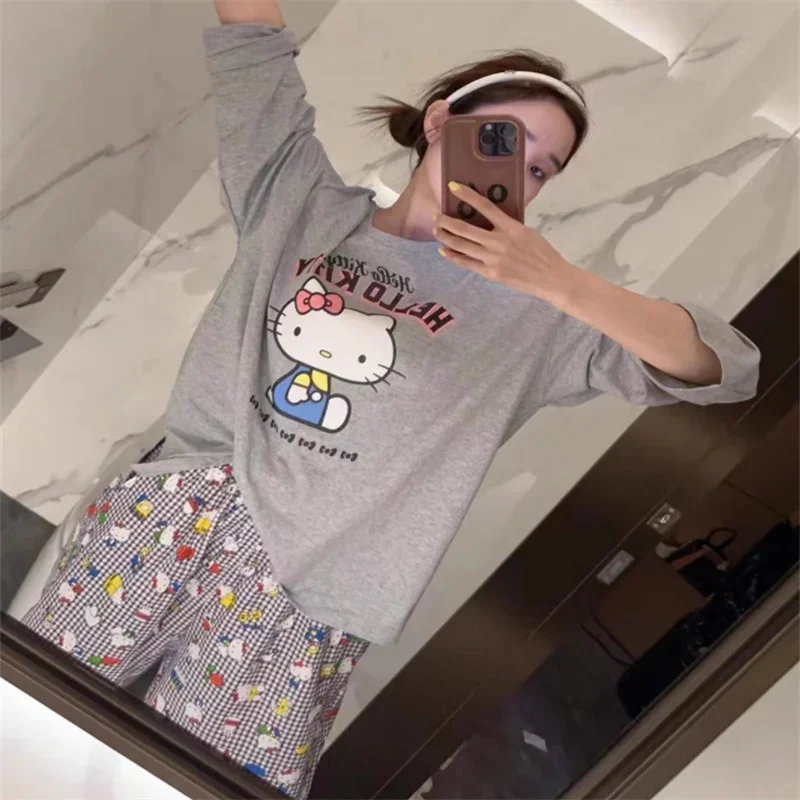 Cartoon Printed HelloKitty Cute Pajamas for Women in Autumn New Gray Sanrios KTCat Long Sleeved Home Clothing Set Girl Gift