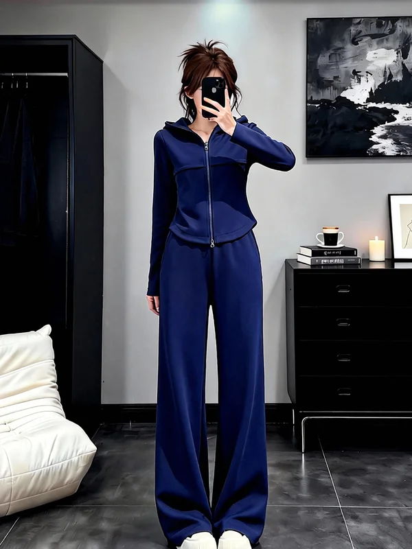 

Весенний женский повседневный модный комплект 2026: худи на молнии и брюки с широкими штанинами, высококачественный, простой, с эффектом похудения, из двух предметов