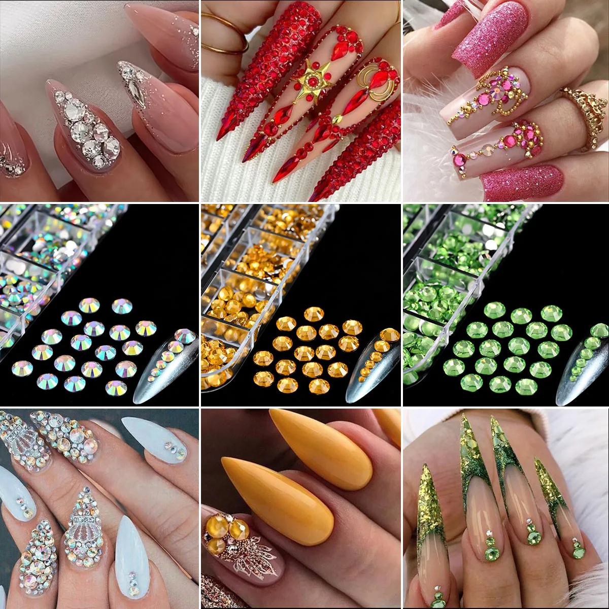 Paquete económico de diamantes de imitación de resina con parte posterior plana, 7 cajas, surtido de 12 estilos de varios tamaños (2-6 mm) para decoraciones artísticas de uñas DIY