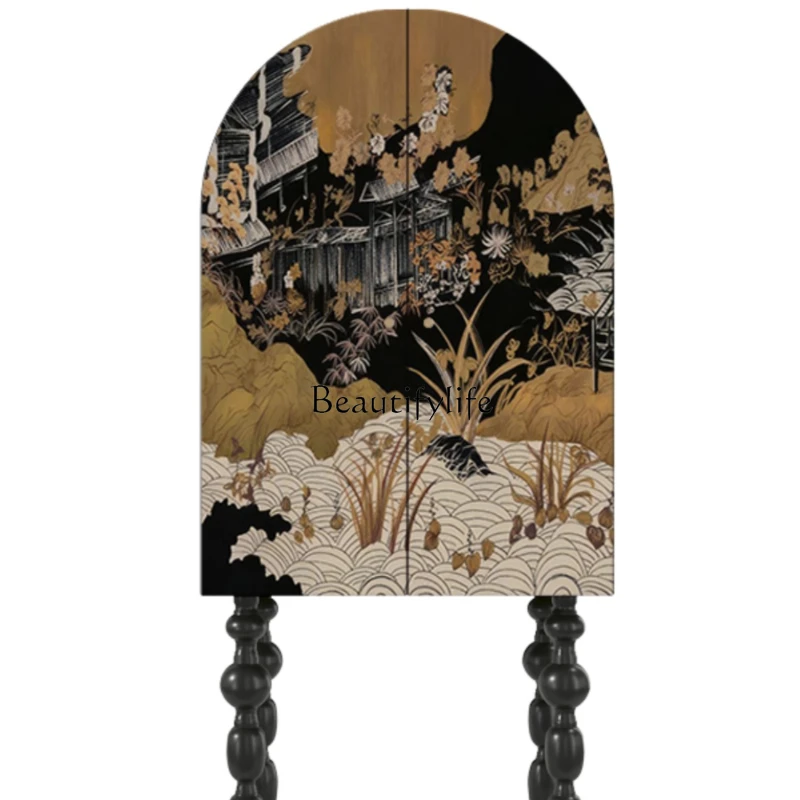 

New Chinese-style solid wood dining side cabinet, antique retro painted art in the living room, high-footed bucket cabinet