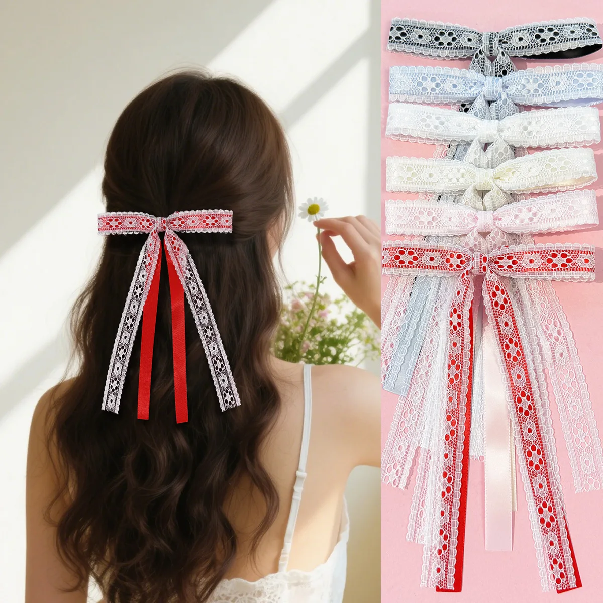 36pc Long 5-Inch Lace Embroidered Bow Hair Clips with Tassel for Girls And Women Bulk Pack Hairgrips Side Accessories