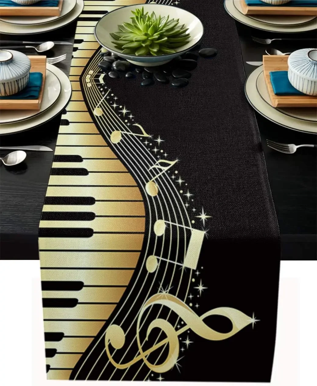 1Pc Musical Piano Key Note Print Table Runner Black And Gold Keyboard Melody Pattern Table Cover For Dining Room Kitchen Party D