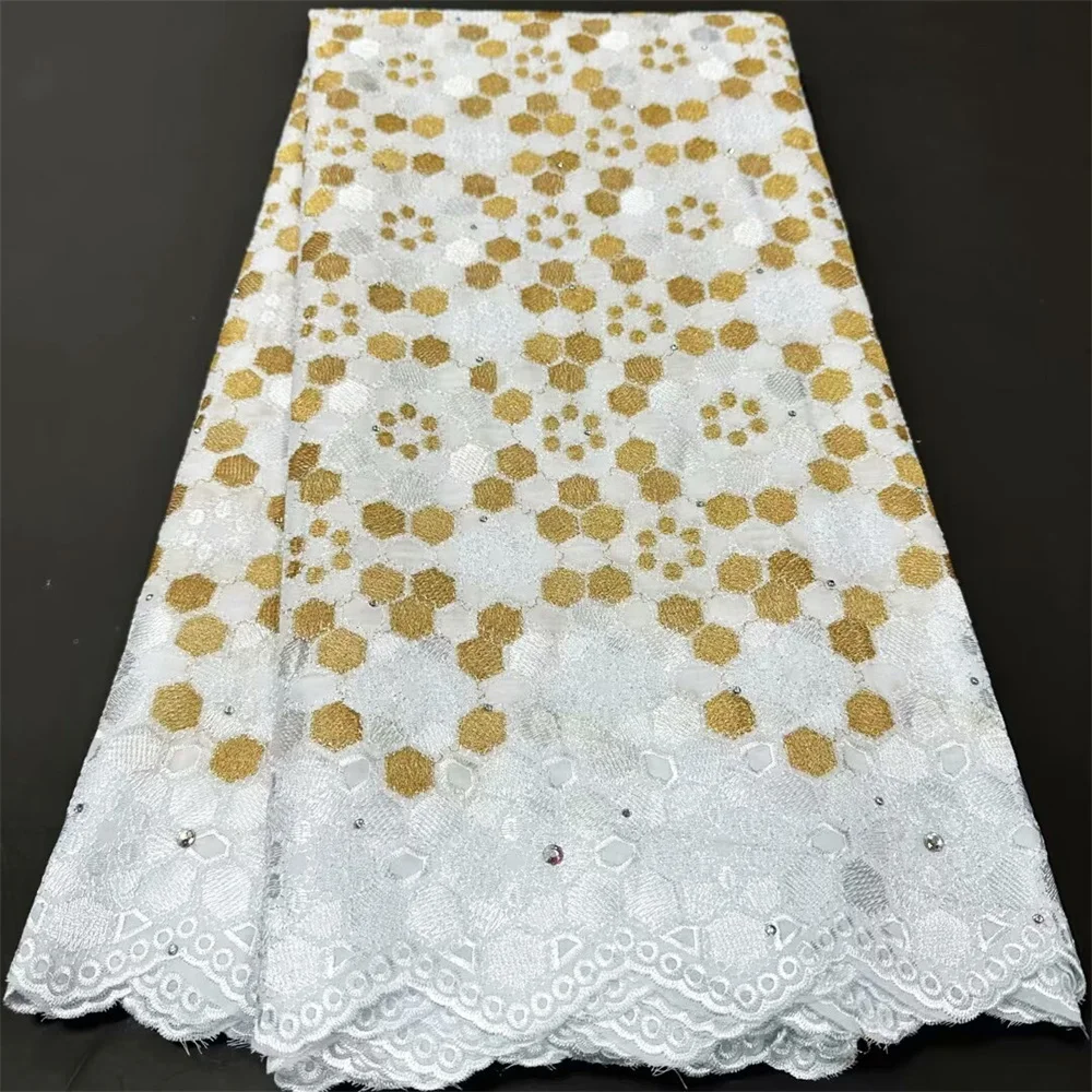 

Swiss Voile Lace In Switzerland High Quality Skin Full Rhinestones Tulle White&Gold Cotton African Dry Lace Fabrics CT1451