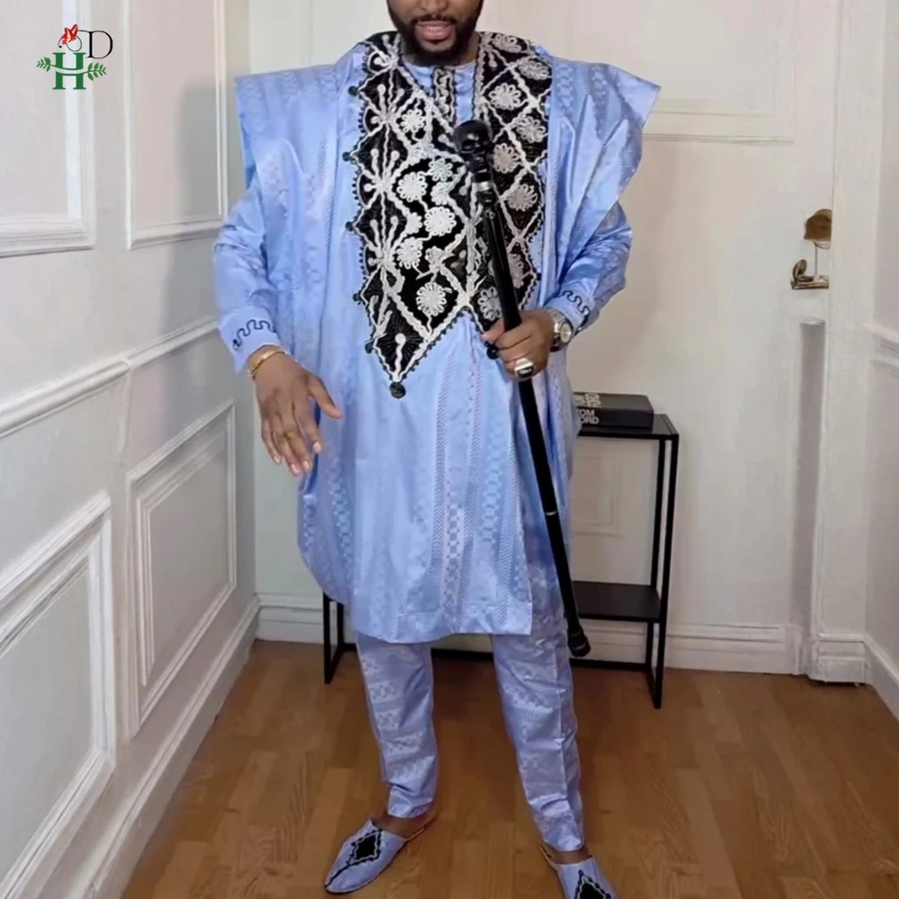 H & D الملابس الأفريقية للرجل مجموعات Agbada التقليدية 3 قطعة الأزرق رداء بانت بازان الثراء المطرزة حفل زفاف الدعاوى حجم كبير #1