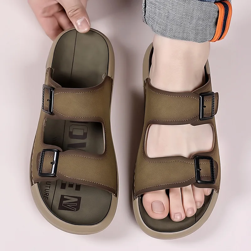 

Hand Sewn Men's Leather Slippers Beach Casual Sandals Light Soled Men's Shoes