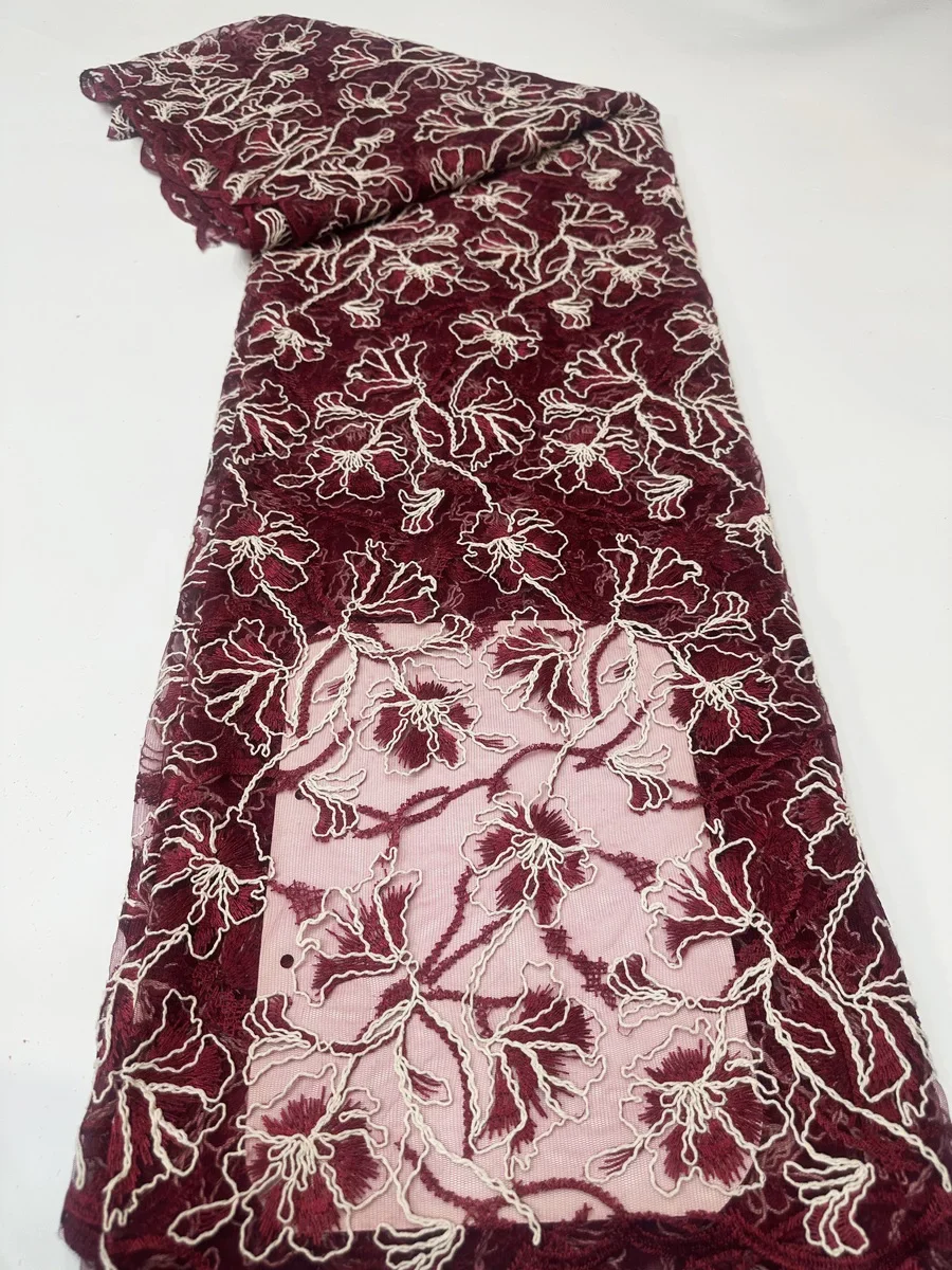 

Новейшая французская африканская тюлевая кружевная ткань бордового вина, 2024, высокое качество, нигерийская вуаль, кружевная ткань для женщин, праздничное платье LYX2503