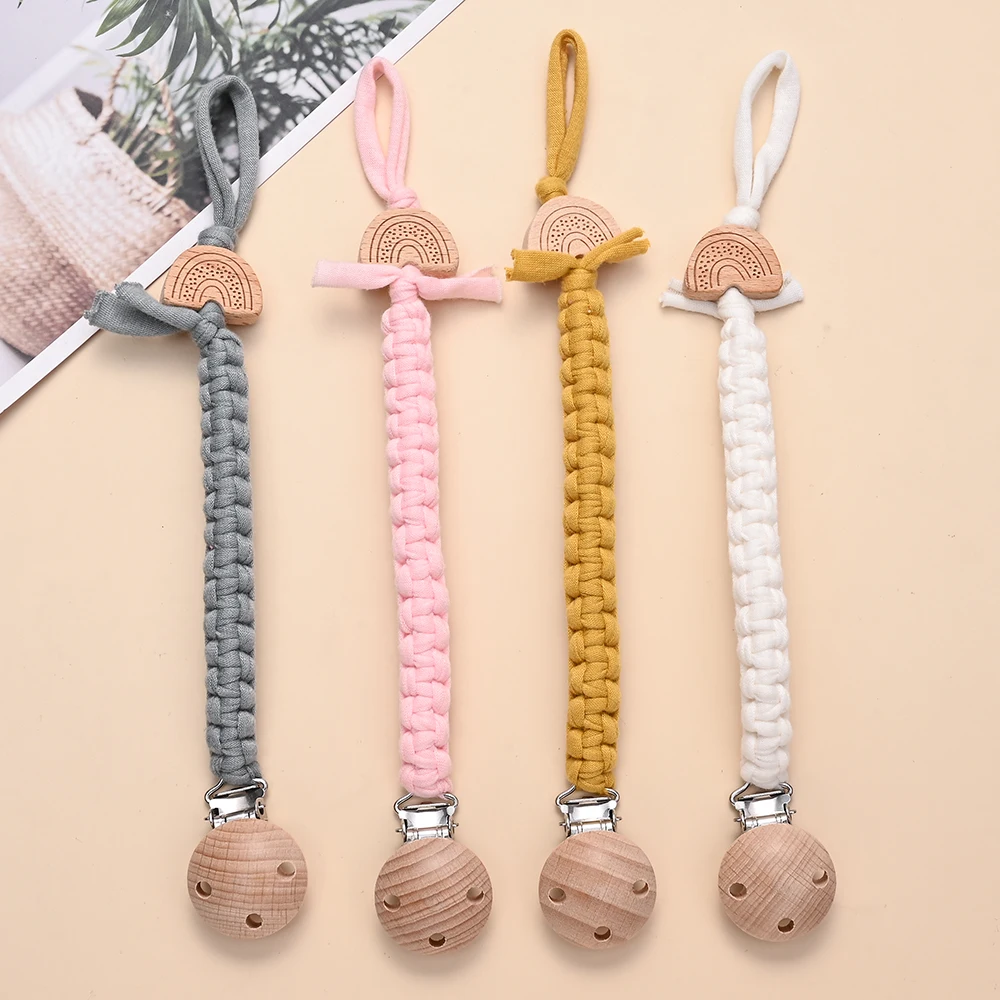 

Baby Pacifier Chain Clip Weave Dummy Nipple Holder Teether Pendant for Newborn Toys Gift New Beech Wooden Rainbow Beads