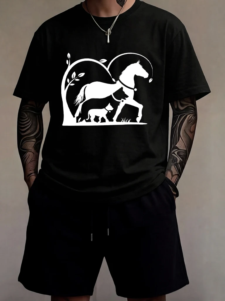 

Horses Grow Up With Puppies Pattern Breathable All-Match Tops For Man'S Sets Fashion Summer Pants Cotton Beach O-Neck T-Shirt