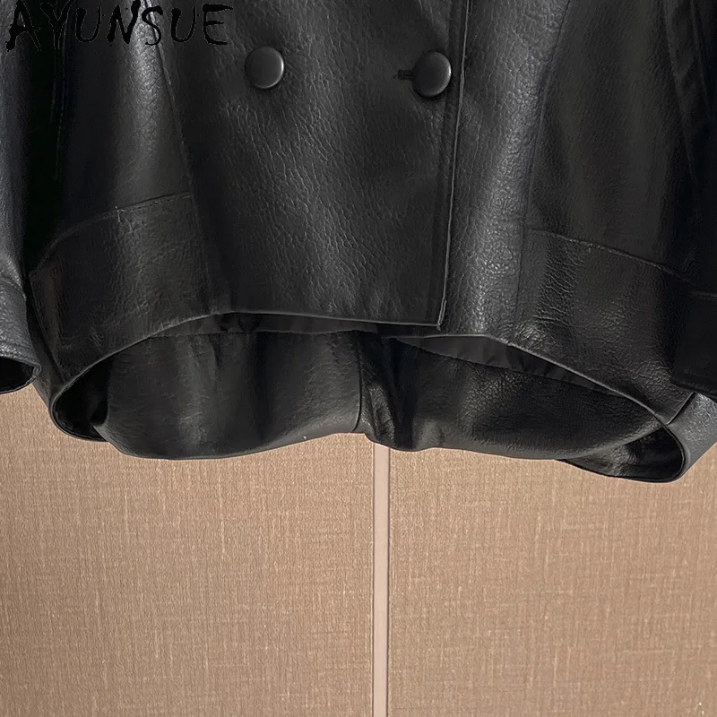 AYUNSUE 100% ของแท้Sheepskinแจ็คเก็ตหนังผู้หญิง 2025 ฤดูใบไม้ร่วงBatwingแขนหลวมแจ็คเก็ตเสื้อผ้าผู้หญิงสั้น 가자켓